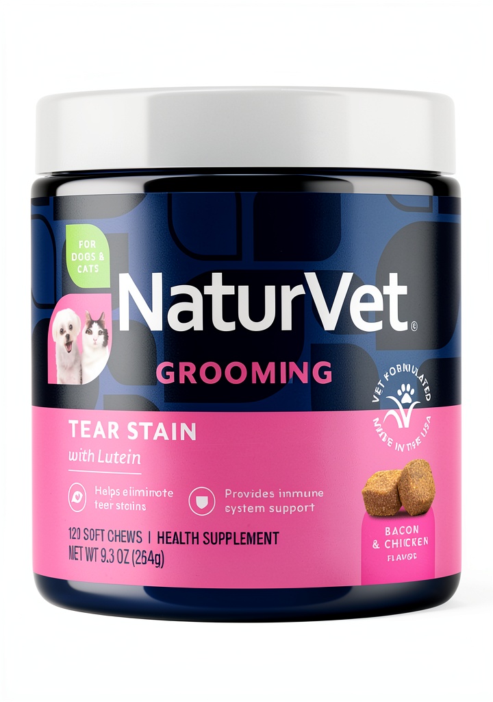 'NaturVet Tear Stain Supplement bottle and soft chews for pets'