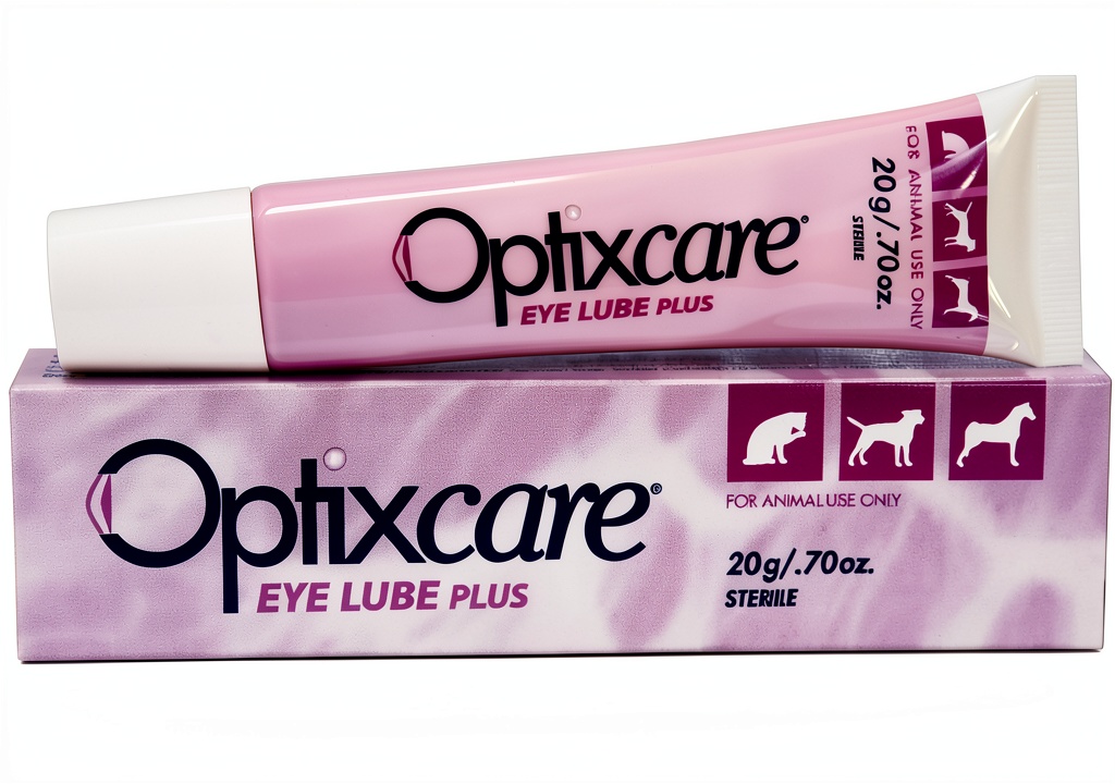 OptixCare Eye Lubrication Gel tube displayed next to a happy dog
